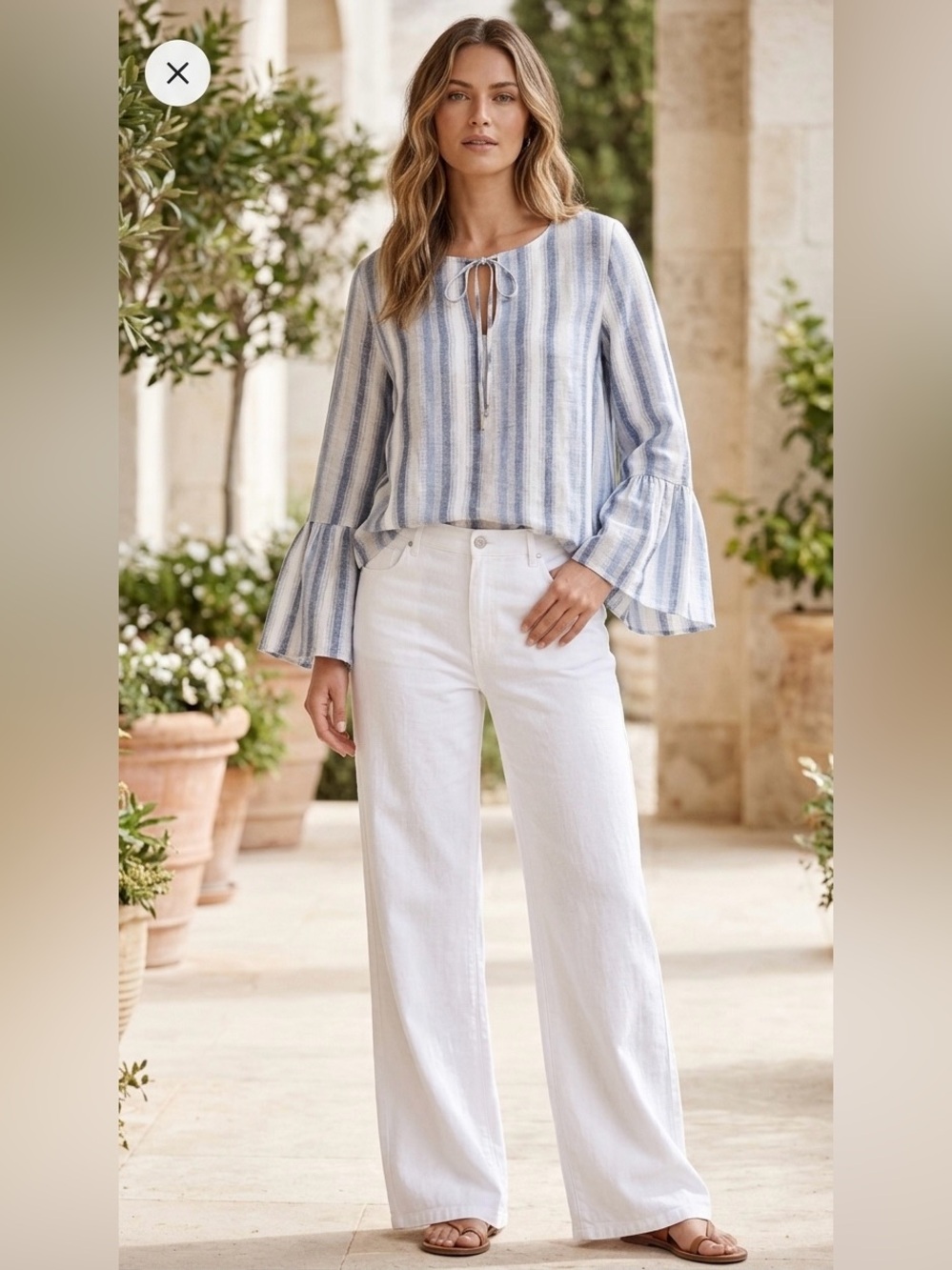 Lauren‎ Vidal bell sleeve striped 100% linen top blouse Size L cream blue boho